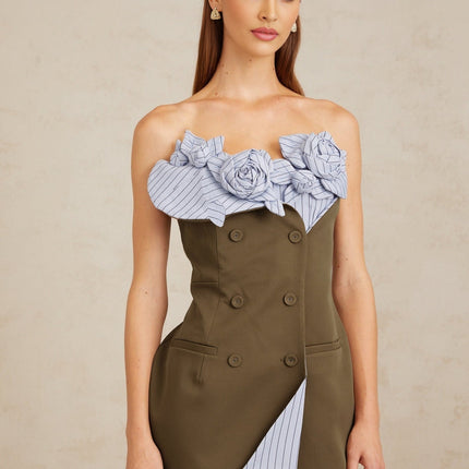 Raffaelina Brown Blue Mini Dress Spaghetti Straps Faux Pocket 3D-Petal Striped Pattern Double Breasted Zip Fastening Terylene Spandex Luxury Style