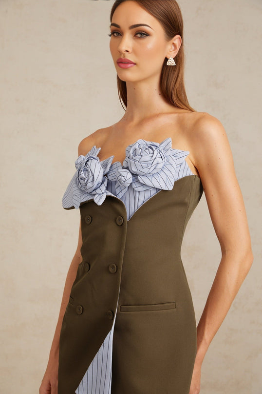 Raffaelina Brown Blue Mini Dress Spaghetti Straps Cinched Waist Faux Pocket 3D-Petal Striped Pattern Double Breasted Zip Fastening Terylene Spandex Luxury Style