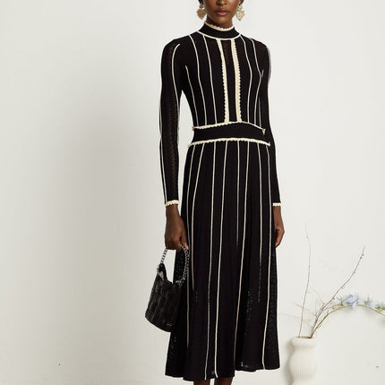 Raffaelina Black and White Striped Maxi Dress with Ruffled Detailing