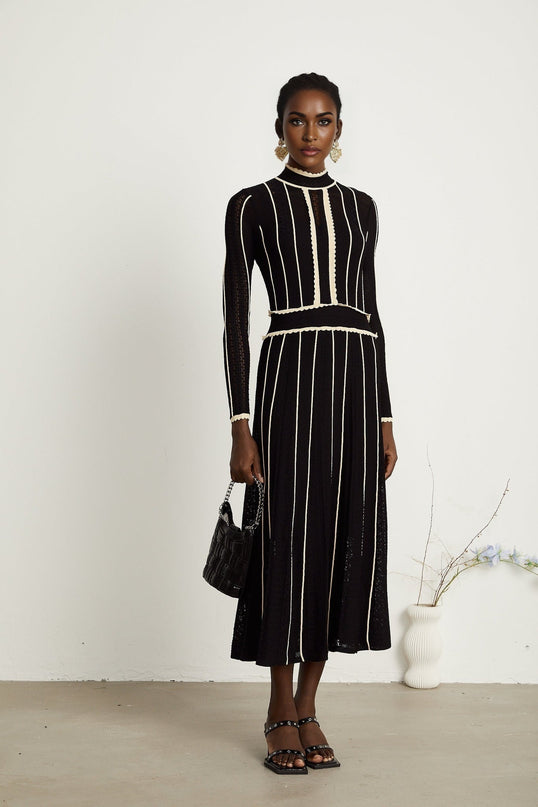 Raffaelina Black and White Striped Maxi Dress with Ruffled Detailing