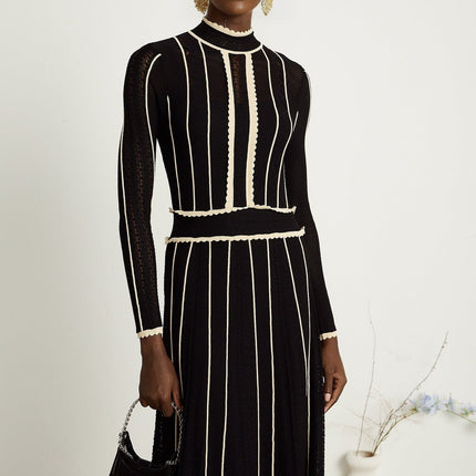 Raffaelina Black and White Striped Maxi Dress with Ruffled Detailing