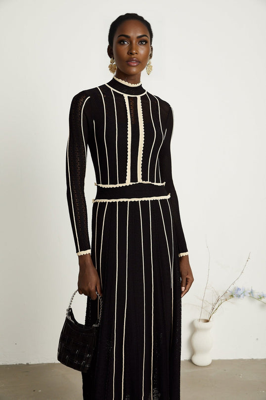 Raffaelina Black and White Striped Maxi Dress with Ruffled Detailing