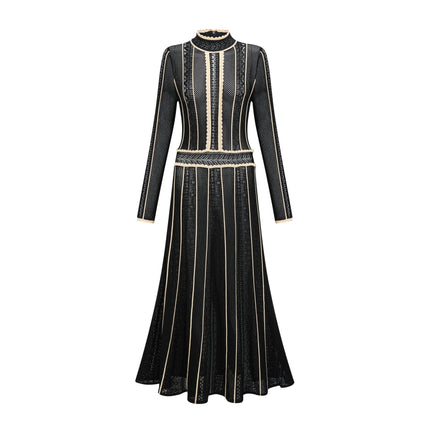 Raffaelina Black and White Striped Maxi Dress with Ruffled Detailing