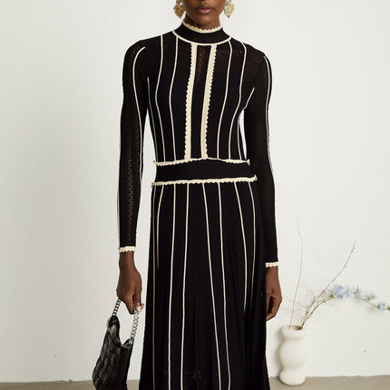 Raffaelina Black and White Vertical Striped Maxi Dress with Ruffled Detailing