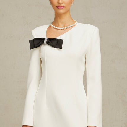 Raffaelina White Mini Dress with Asymmetric Neck and Bowknot Detail