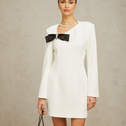 Raffaelina White Mini Dress with Asymmetric Neck and Bowknot Detail