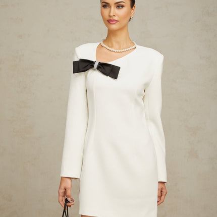Raffaelina White Mini Dress Asymmetric Neck Long Sleeves Bowknot Crystal Embellishments Dart Detailing Concealed Zip Fastening Thigh-Length 100% Terylene Fiber