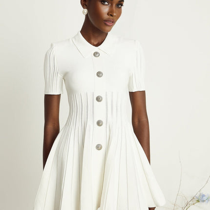 Raffaella White Mini Dress Ribbed Sleeves Flared Skirt Silver Buttons Zip Fastening