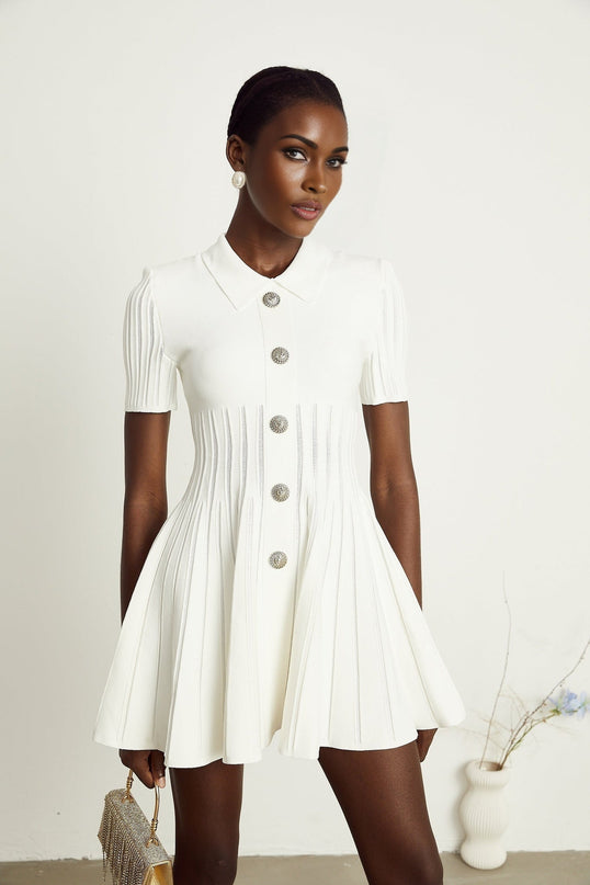 Raffaella White Mini Dress Ribbed Sleeves Flared Skirt Silver Buttons Zip Fastening