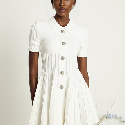 Raffaella White Mini Dress with Ribbed Sleeves and Flared Skirt