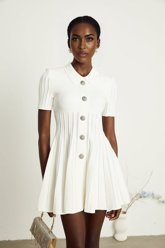 Raffaella White Mini Dress with Ribbed Sleeves and Flared Skirt