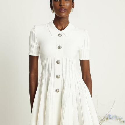 Raffaella White Mini Dress Ribbed Sleeves Flared Skirt Rayon Terylene Fiber Polyamide Spandex Silver-tone Buttons Spread Collar Rear Zip Fastening Elegant Sophisticated