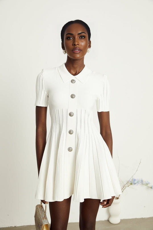 Raffaella White Mini Dress Ribbed Sleeves Flared Skirt Rayon Terylene Fiber Polyamide Spandex Silver-tone Buttons Spread Collar Rear Zip Fastening Elegant Sophisticated