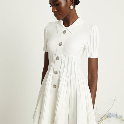 Raffaella White Mini Dress Ribbed Sleeves Flared Skirt Silver Buttons Spread Collar Rear Zip Fastening