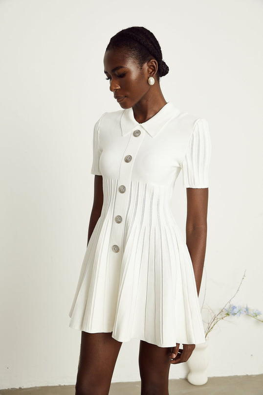 Raffaella White Mini Dress Ribbed Sleeves Flared Skirt Silver Buttons Spread Collar Rear Zip Fastening