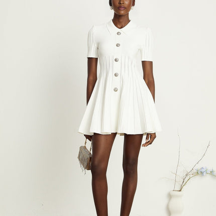 Raffaella White Mini Dress Ribbed Sleeves Flared Skirt Spread Collar Silver Buttons Rear Zip Fastening