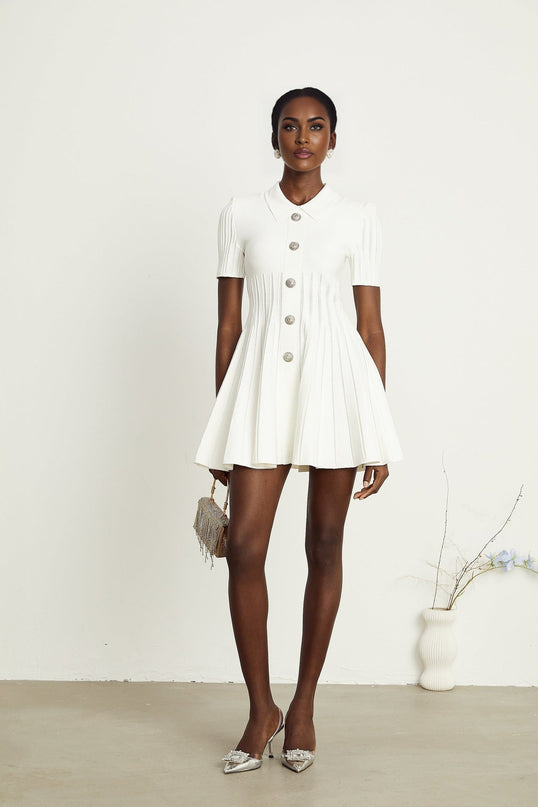 Raffaella White Mini Dress Ribbed Sleeves Flared Skirt Spread Collar Silver Buttons Rear Zip Fastening