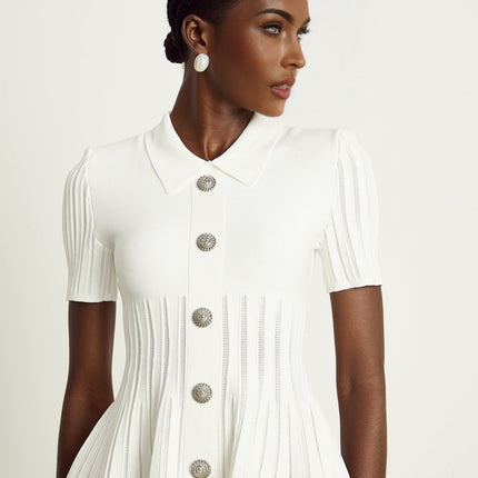 Raffaella White Mini Dress Ribbed Sleeves Flared Skirt Silver Buttons