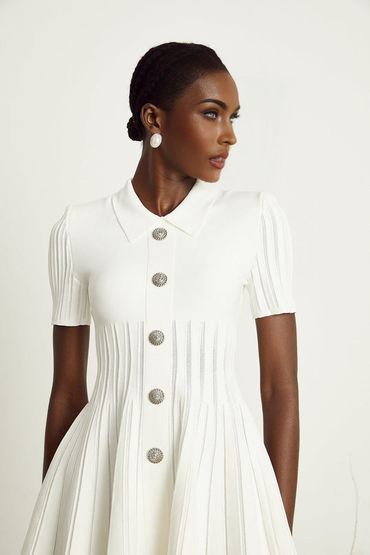 Raffaella White Mini Dress Ribbed Sleeves Flared Skirt Silver Buttons