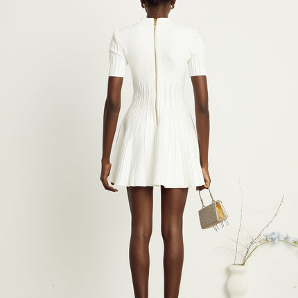 Raffaella White Mini Dress Ribbed Sleeves Flared Skirt Spread Collar Silver-tone Buttons Rear Zip Fastening