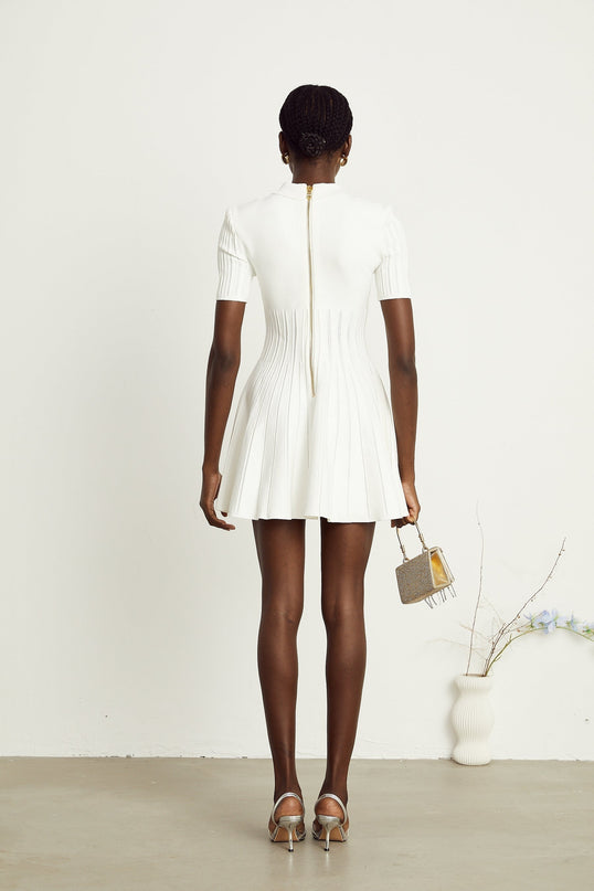 Raffaella White Mini Dress Ribbed Sleeves Flared Skirt Spread Collar Silver-tone Buttons Rear Zip Fastening