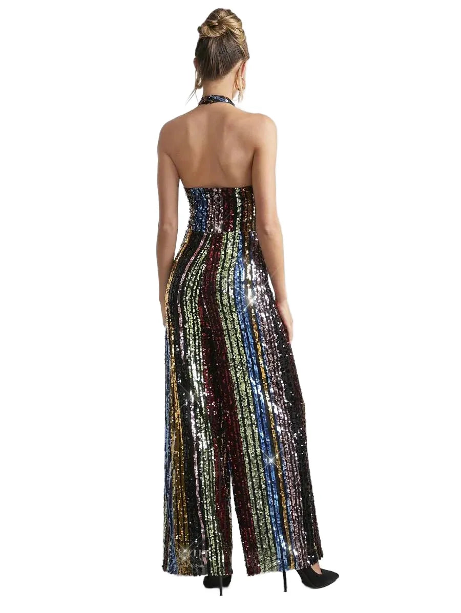 Rainbow Sequin Decor Halter Neck Women Jumpsuit For Party New Years Outfit Christmas Party Women