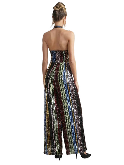 Rainbow Sequin Decor Halter Neck Women Jumpsuit For Party New Years Outfit Christmas Party Women