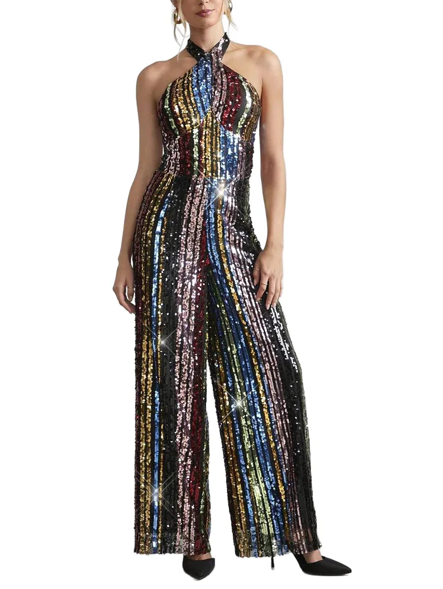 Rainbow Sequin Decor Halter Neck Women Jumpsuit For Party New Years Outfit Christmas Party Women
