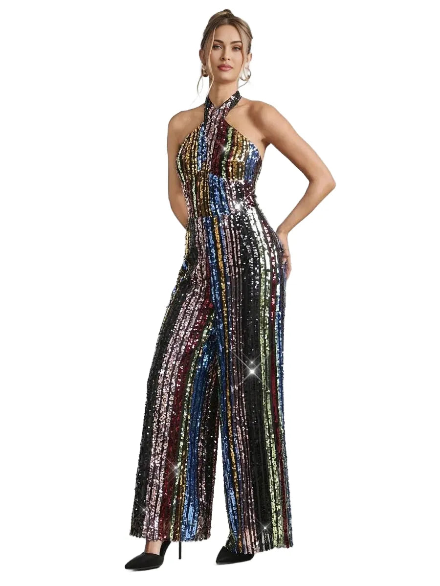 Rainbow Sequin Decor Halter Neck Women Jumpsuit For Party New Years Outfit Christmas Party Women