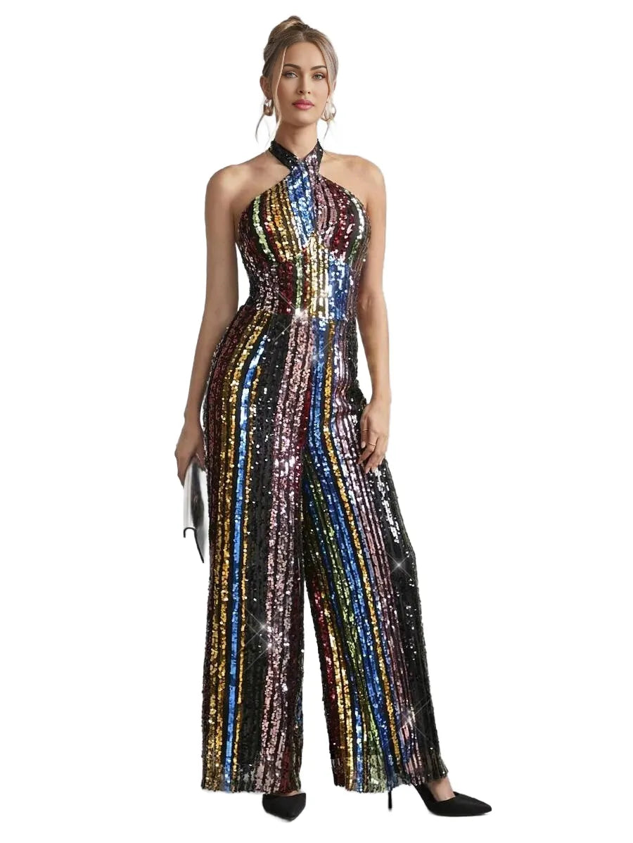 Rainbow Sequin Decor Halter Neck Women Jumpsuit For Party New Years Outfit Christmas Party Women
