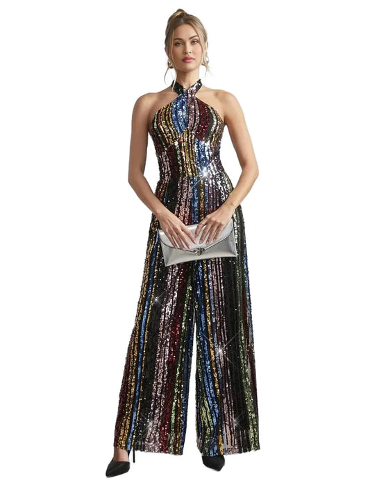 Rainbow Sequin Decor Halter Neck Women Jumpsuit For Party New Years Outfit Christmas Party Women