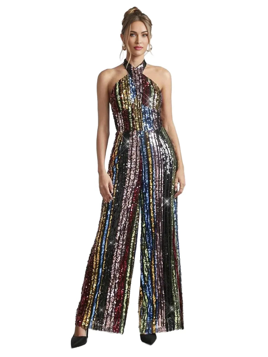Rainbow Sequin Decor Halter Neck Women Jumpsuit For Party New Years Outfit Christmas Party Women