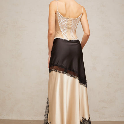 Raphaëlle Black Lace Panel Asymmetrical Satin Skirt