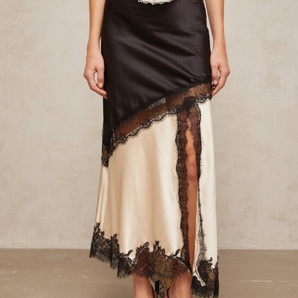 Raphaëlle Black Lace Panel Asymmetrical Satin Skirt
