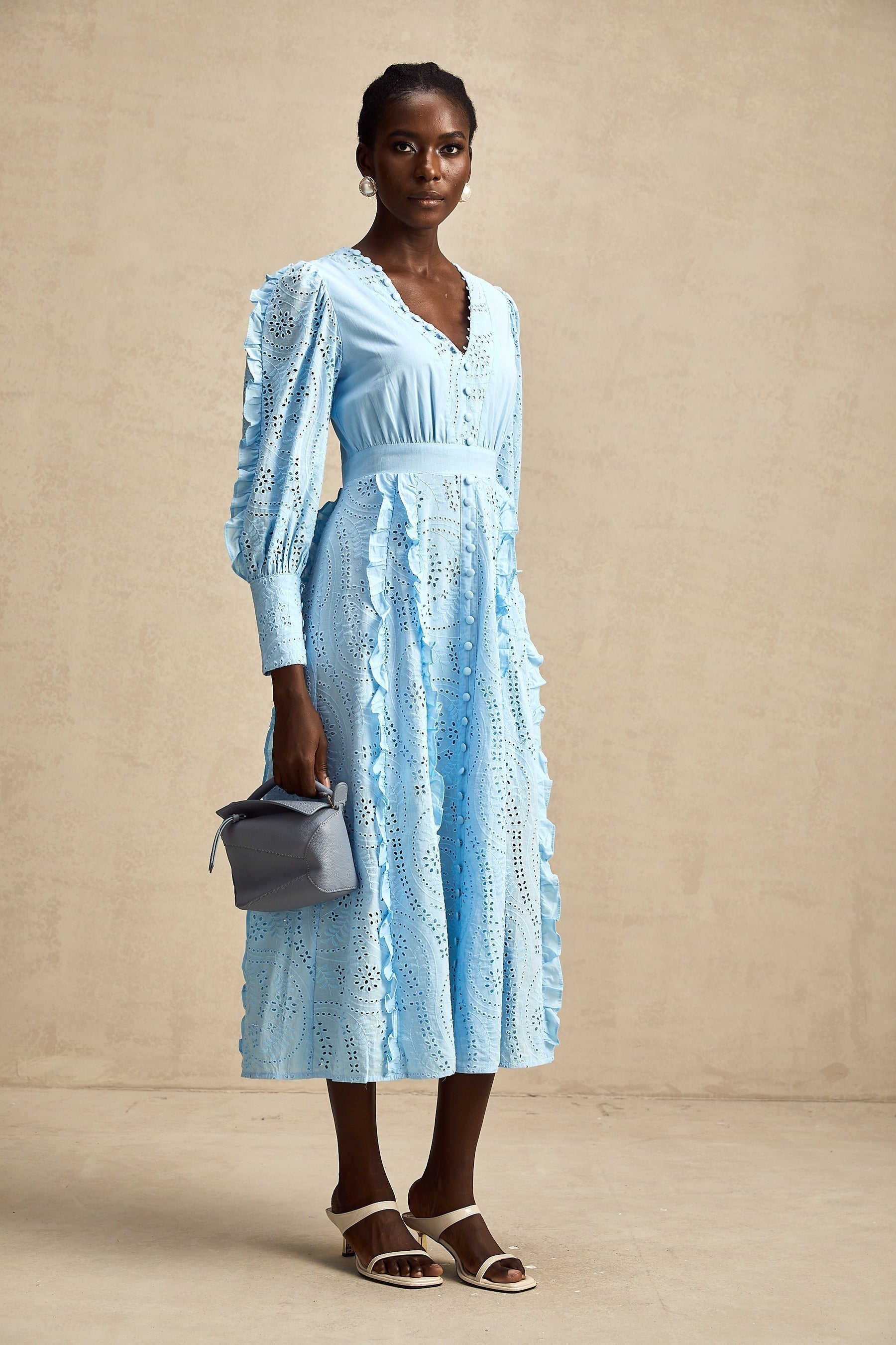 Raphaëlle blue openwork ruffled midi dress