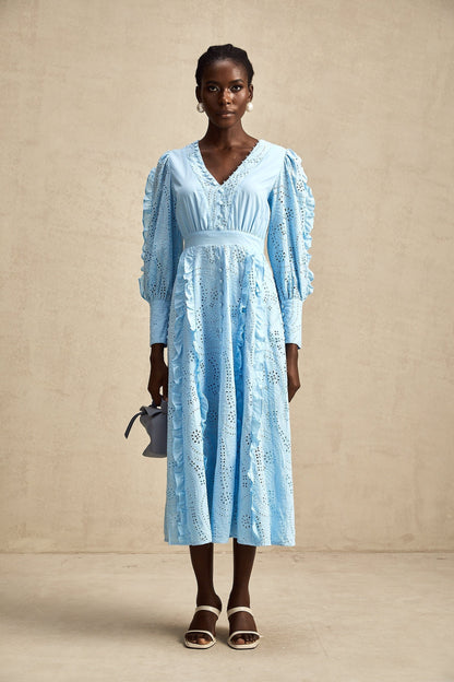 Raphaëlle blue openwork ruffled midi dress