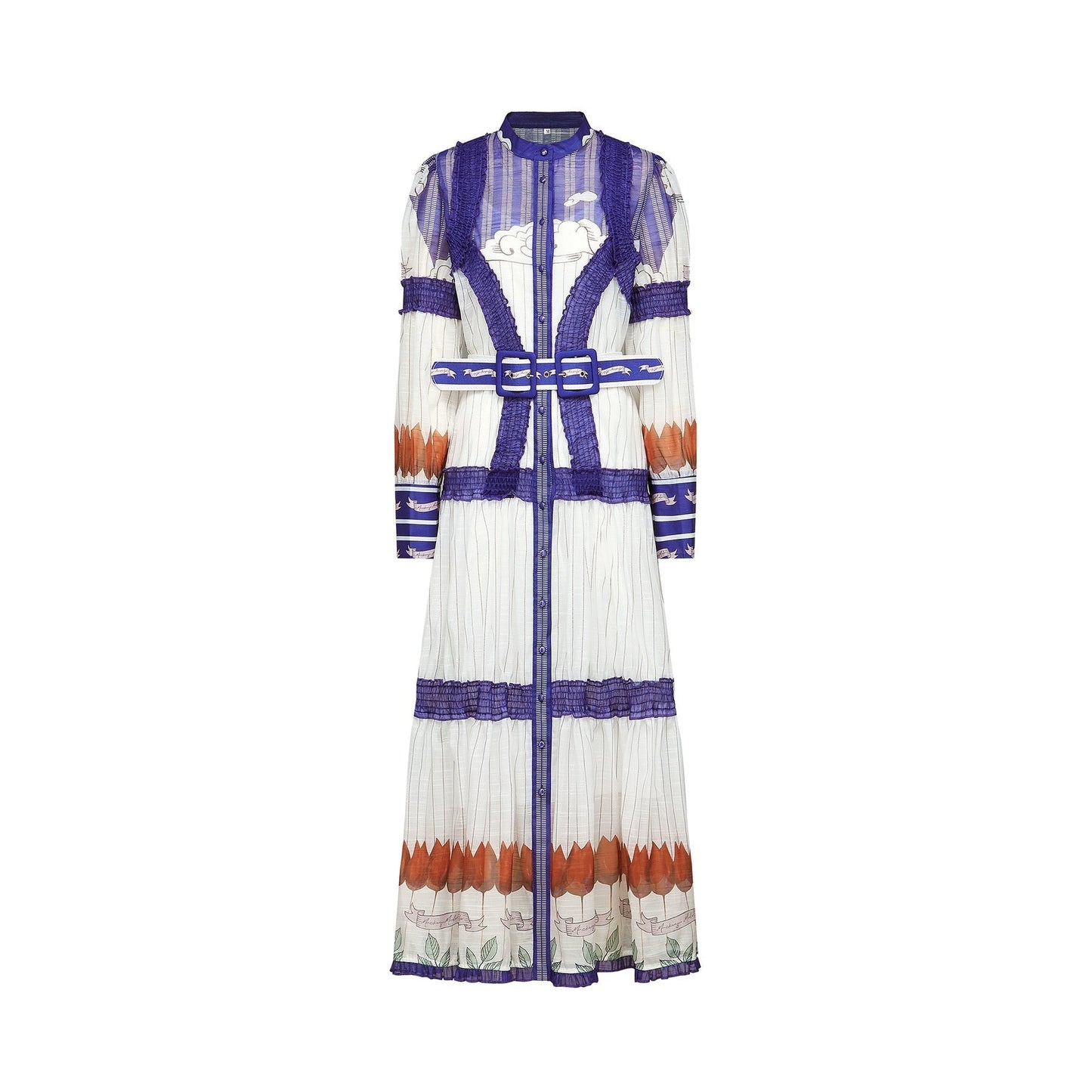 Raphaelle midikleid featuring colorblock pattern print in contrasting colors long sleeves and flowing silhouette