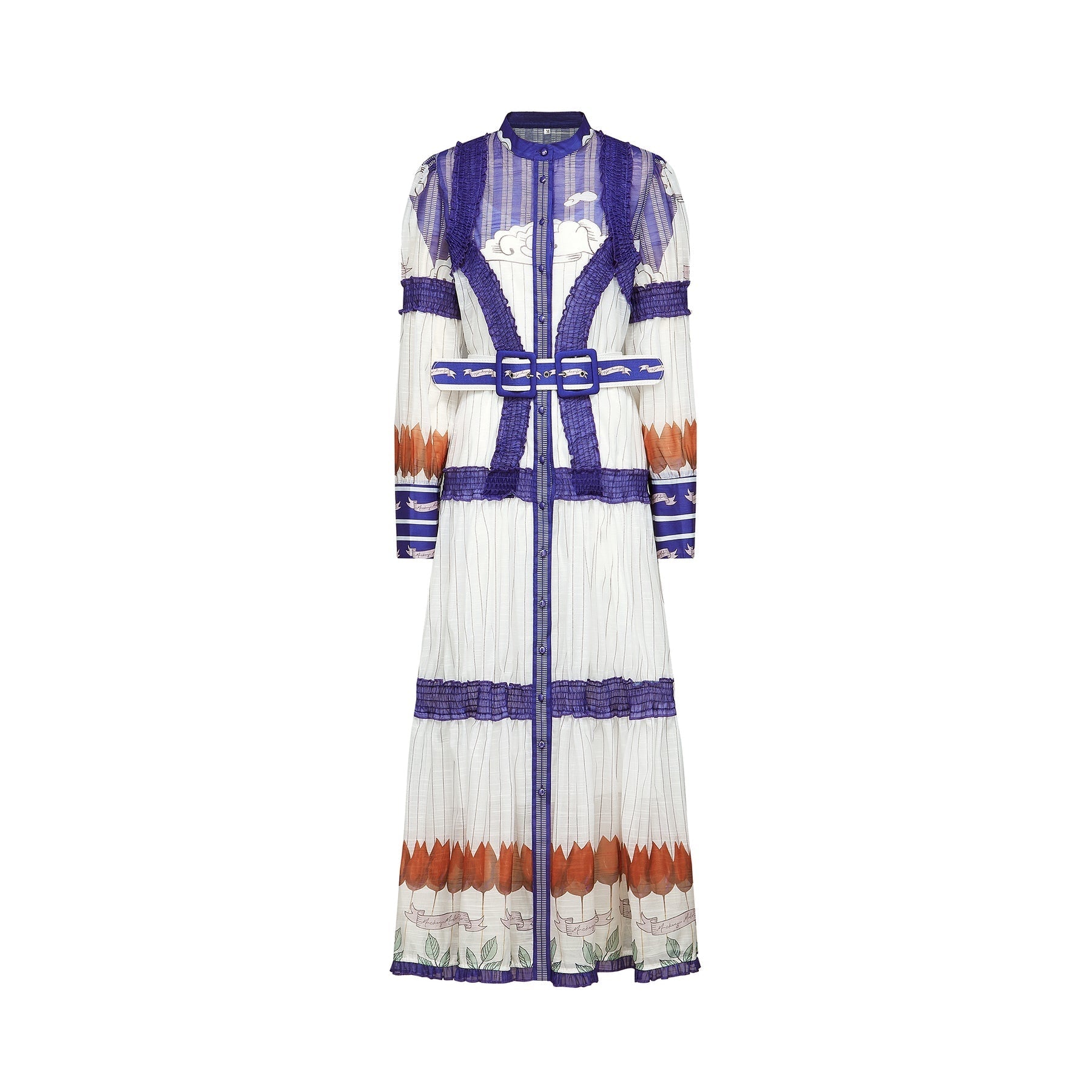 Raphaelle midikleid featuring colorblock pattern print in contrasting colors long sleeves and flowing silhouette
