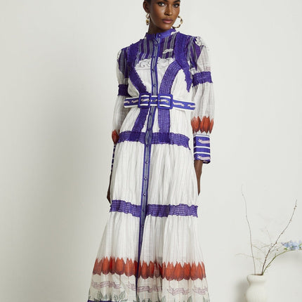 Raphaëlle White and Purple Colorblock Linen Midi Dress with Print Accents