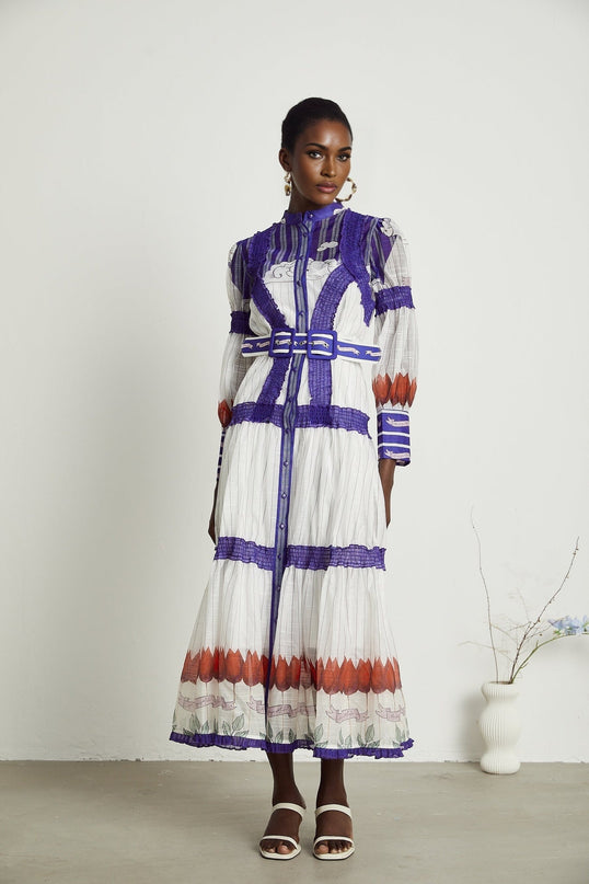 Raphaëlle White and Purple Colorblock Linen Midi Dress with Print Accents