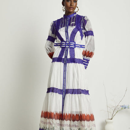 Raphaëlle White and Purple Colorblock Linen Midi Dress with Print Accents
