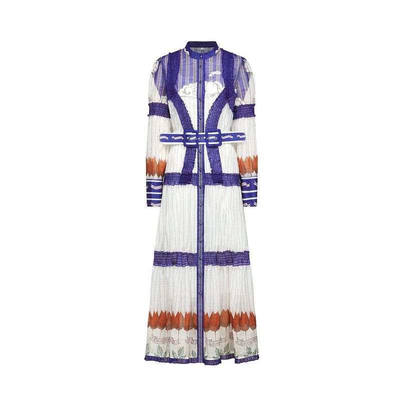 Raphaëlle White and Purple Colorblock Linen Midi Dress with Print Accents