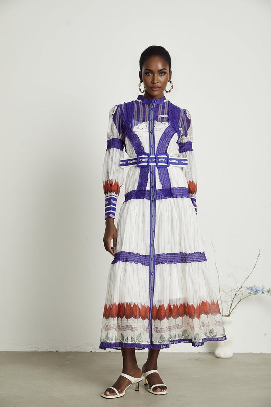 Raphaëlle White and Purple Colorblock Linen Midi Dress with Print Accents
