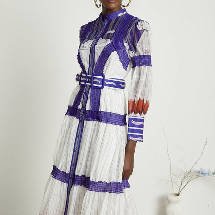 Raphaëlle White and Purple Colorblock Linen Midi Dress with Intricate Print Accents