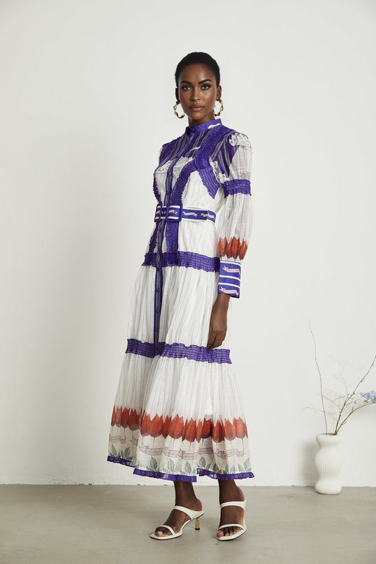 Raphaëlle White and Purple Colorblock Linen Midi Dress with Print Accents