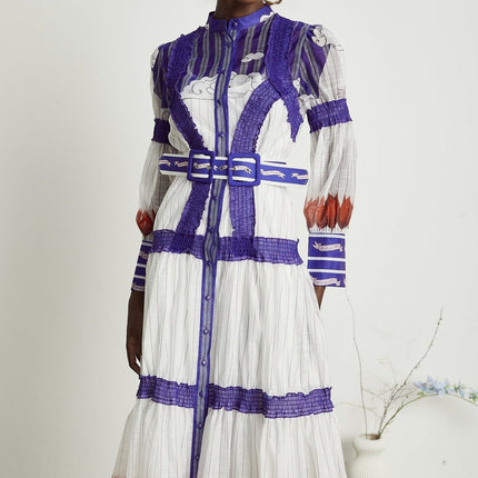 Raphaëlle White Purple Colorblock Linen Midi Dress with Print Accents