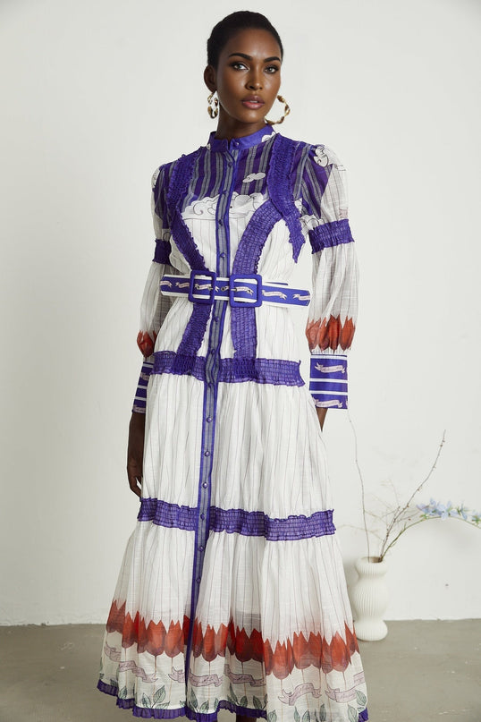 Raphaëlle White Purple Colorblock Linen Midi Dress with Print Accents