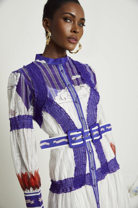 Raphaëlle White and Purple Colorblock Linen Midi Dress with Print Accents