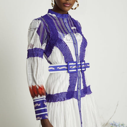 Raphaëlle White and Purple Colorblock Linen Midi Dress with Intricate Print Accents