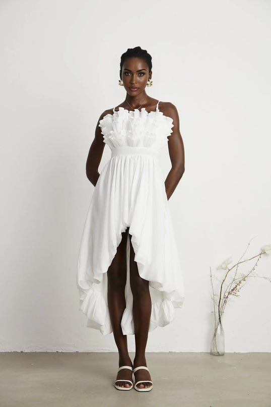 Raphaëlle white ruffled pleated midi dress